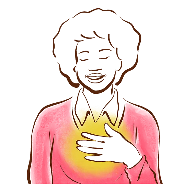 Toni with her hand over her chest